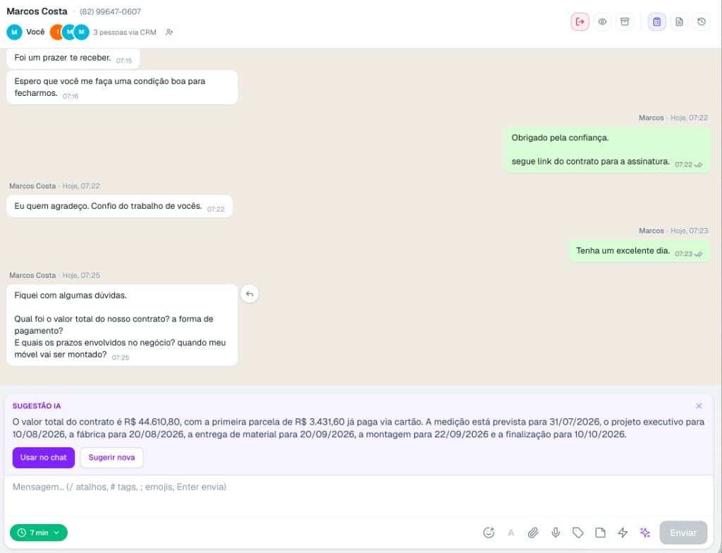 IA do Planejados Pro sugerindo resposta no WhatsApp com prazo real do workflow e situação do financeiro do cliente