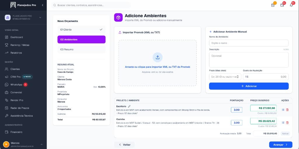 Tela de importação de arquivo do Planejados Pro — arraste XML ou TXT do Promob para montar o orçamento automaticamente